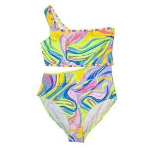 Abstract Swirl Print Asymmetrical Cutout One Piece Womens Swimsuit Size Small